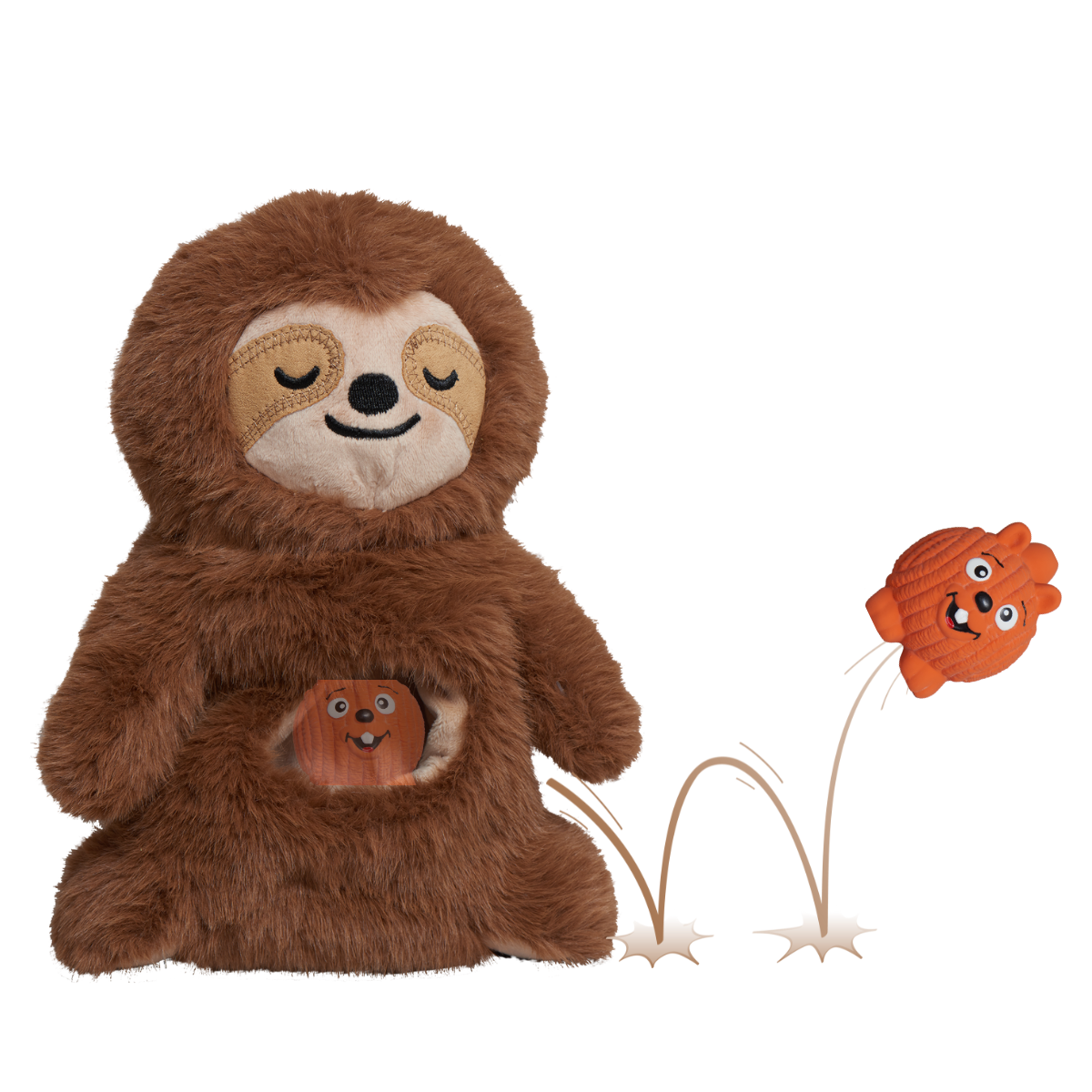 Snuggle and Zoom Sloth with the squirrel ball peeking from its belly pocket and shown bouncing away, illustrating fetch