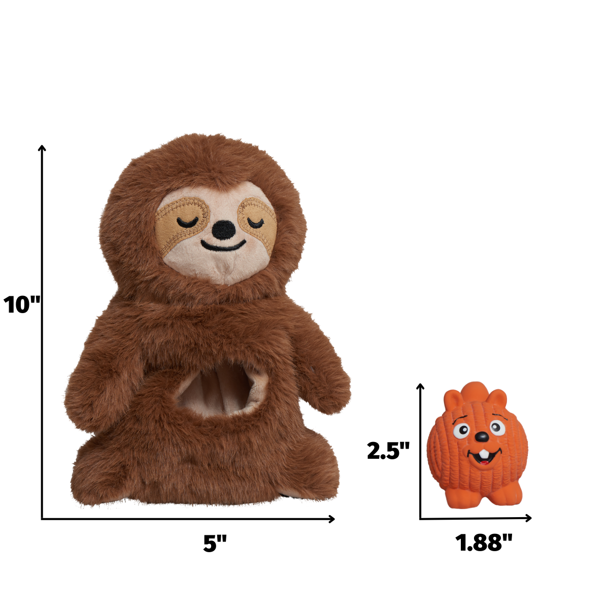 Snuggle and Zoom Sloth dimensions: sloth 10 in tall and 5 in wide, squirrel ball 2.5 in tall and 1.88 in wide