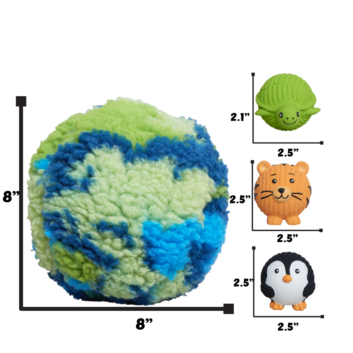 SnuffleSphere size chart: fleece ball 8 by 8 in, penguin and tiger balls 2.5 in, turtle 2.5 in wide by 2.1 in tall