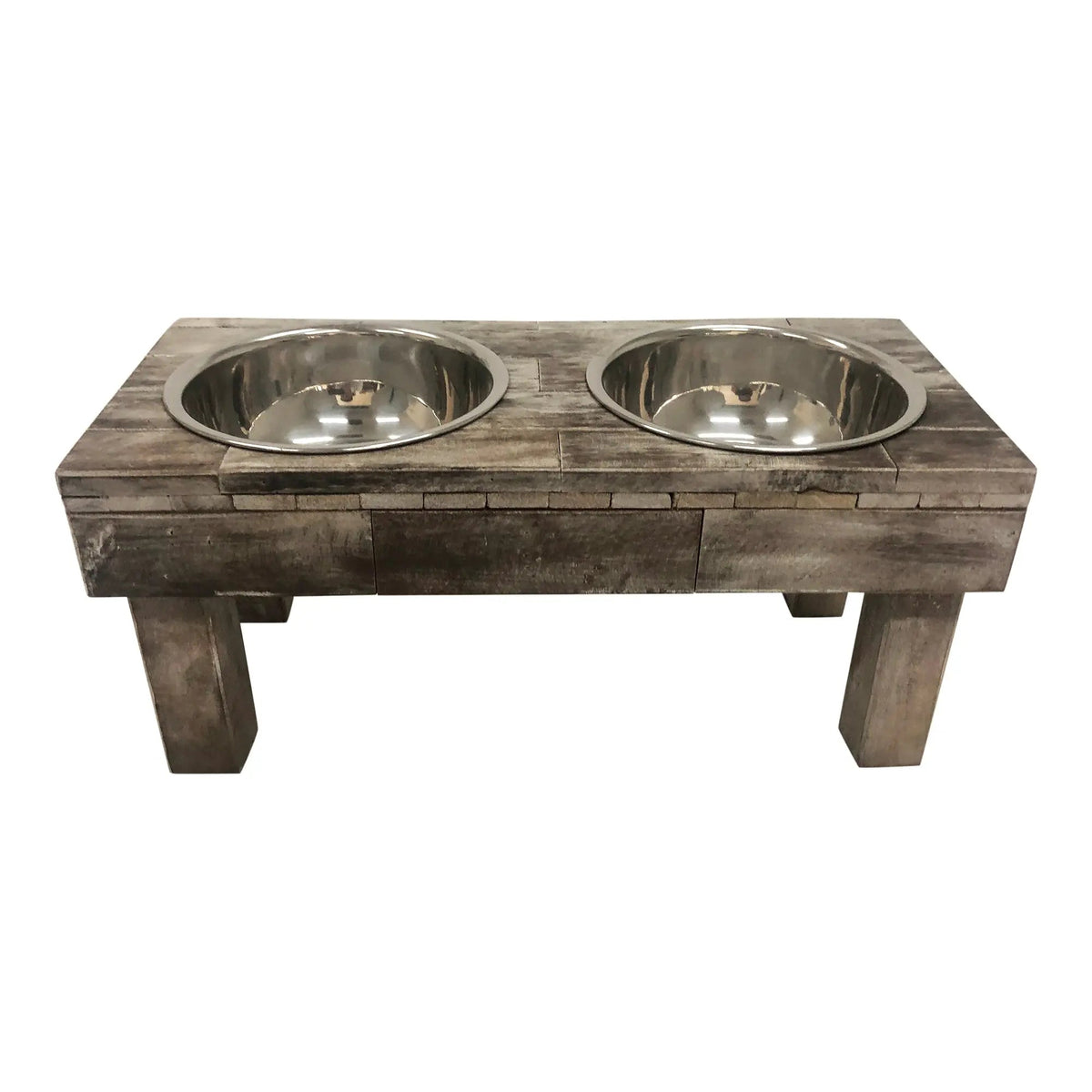 Huntley Pet Berjen raised dog feeder in brown wash reclaimed wood with two stainless steel bowls, three-quarter view