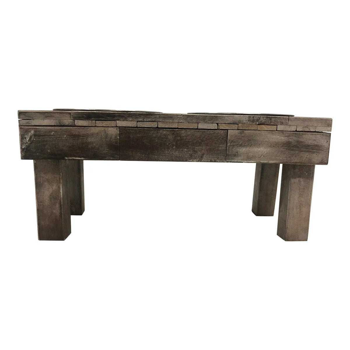 Brown wash wooden raised dog feeder at eye level from the long side, bowl rims just showing above the top
