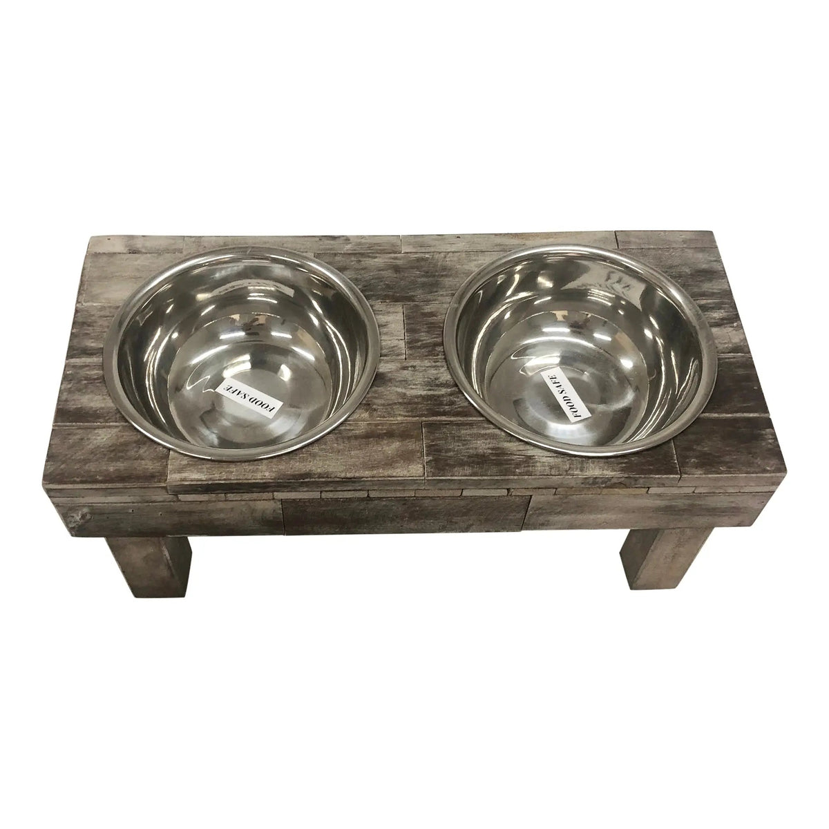 Brown wash raised dog feeder from above at an angle, looking into both stainless steel bowls