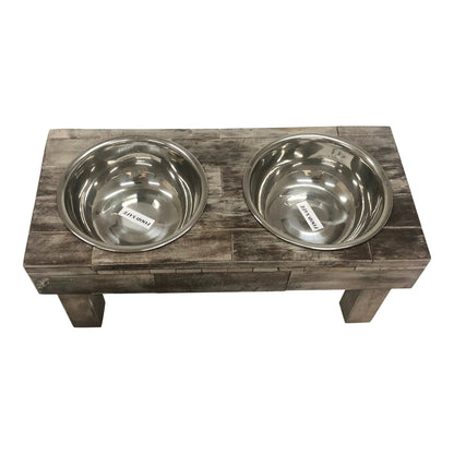 Brown wash raised dog feeder from above at an angle, looking into both stainless steel bowls