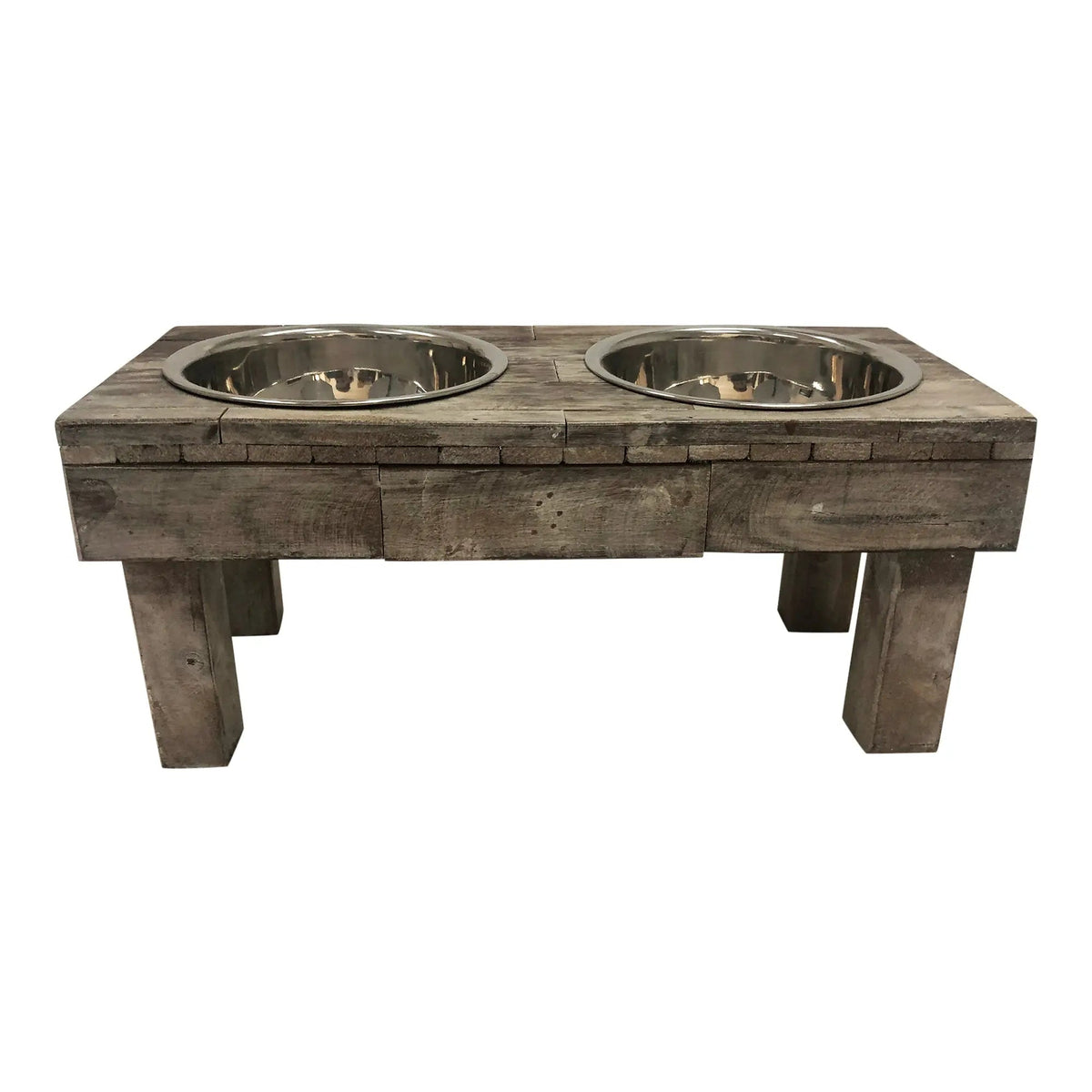 Front view of the brown wash raised double bowl dog feeder, two stainless bowls side by side