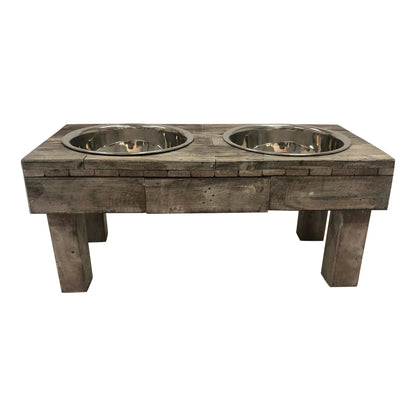 Front view of the brown wash raised double bowl dog feeder, two stainless bowls side by side