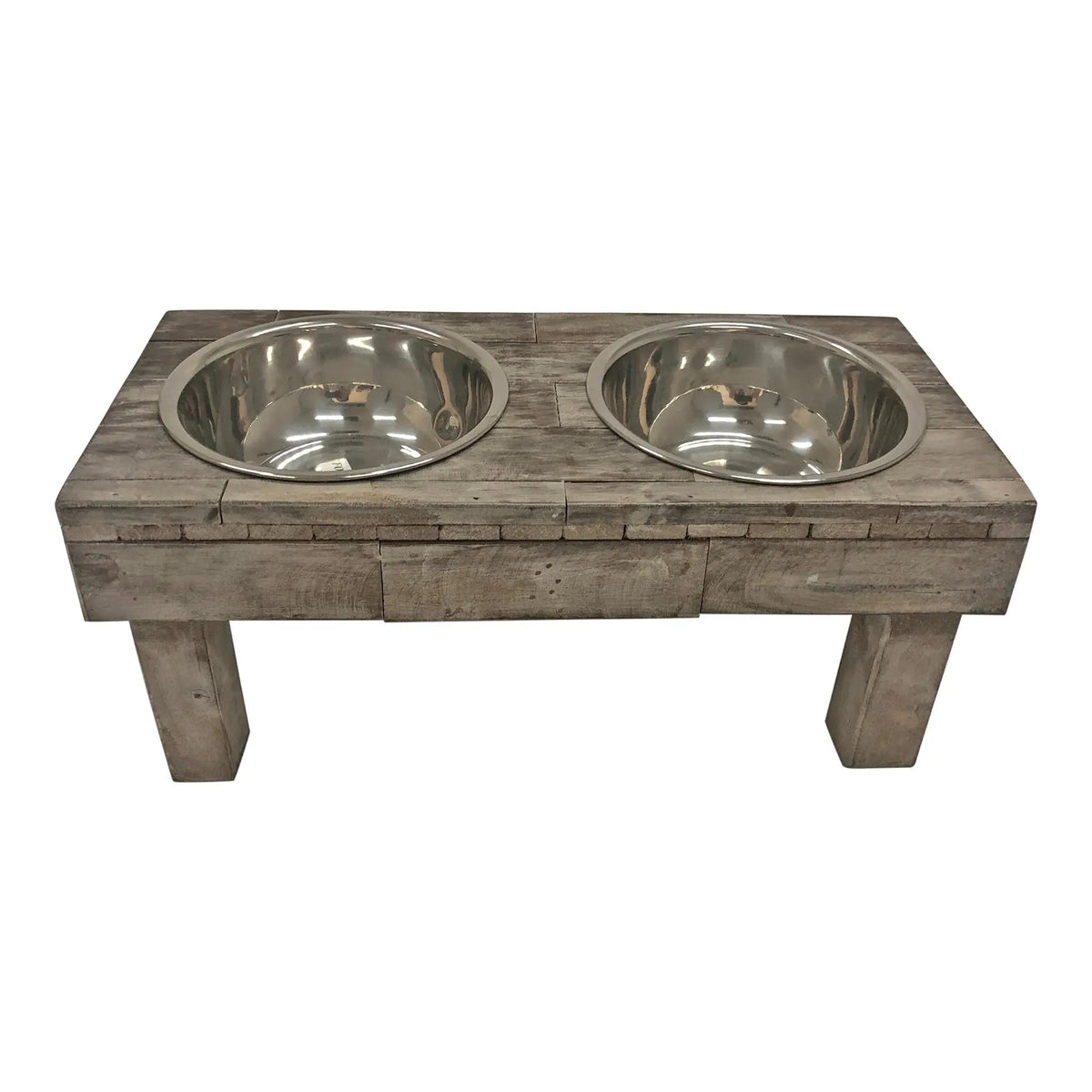 Brown wash raised dog feeder from slightly above the front, showing the weathered plank tabletop
