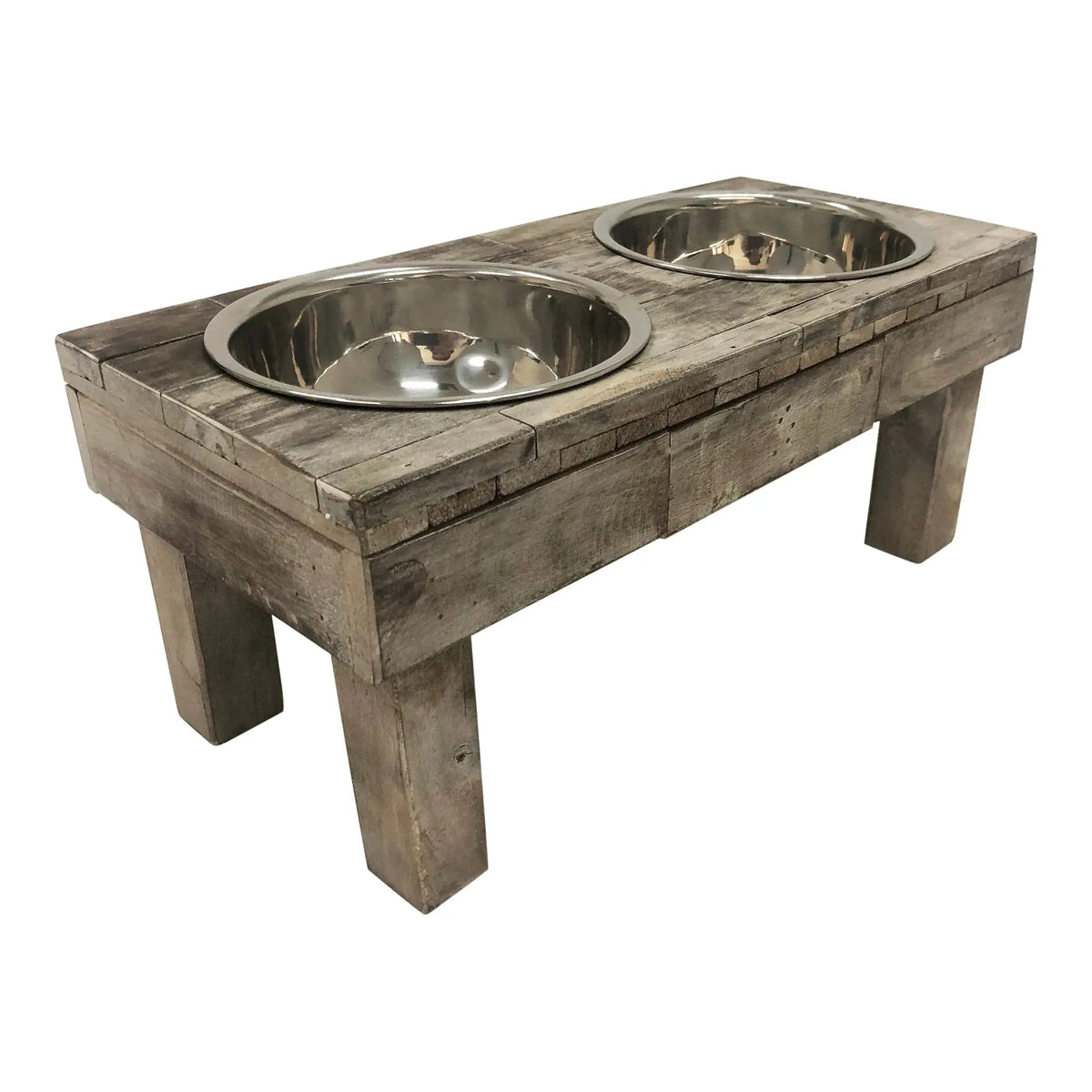 Raised dog feeder in distressed brown wash wood from a high left corner angle