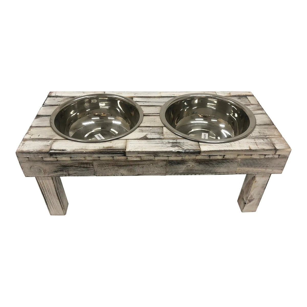 Huntley Pet Berjen raised dog feeder in white wash reclaimed wood with two stainless steel bowls, three-quarter view