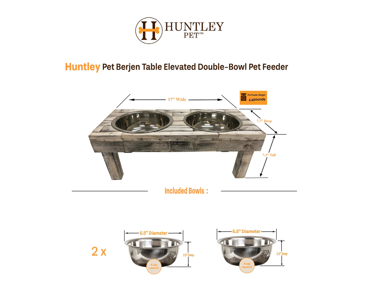 Size chart for the Small Berjen raised dog feeder: 17 in wide, 7.7 in deep, 7.3 in tall, two 6.5 in bowls