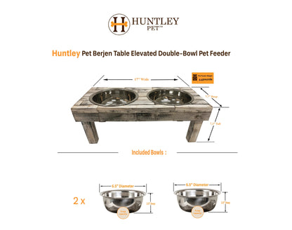 Size chart for the Small Berjen raised dog feeder: 17 in wide, 7.7 in deep, 7.3 in tall, two 6.5 in bowls