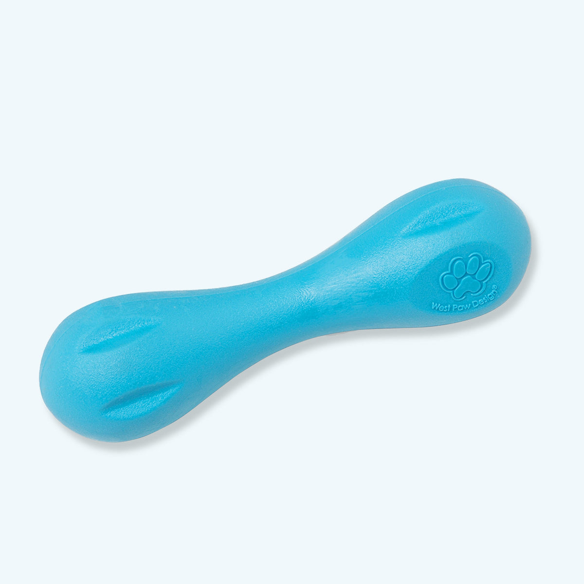 Small Hurley chew bone in aqua blue, angled view on a pale blue background