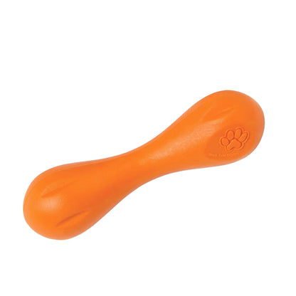 West Paw Hurley chew bone in tangerine orange, Small size, angled view showing the embossed paw print