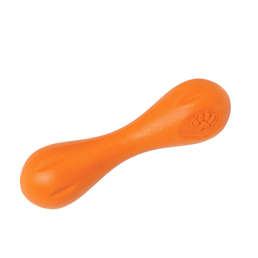 West Paw Hurley chew bone in tangerine orange, Small size, angled view showing the embossed paw print