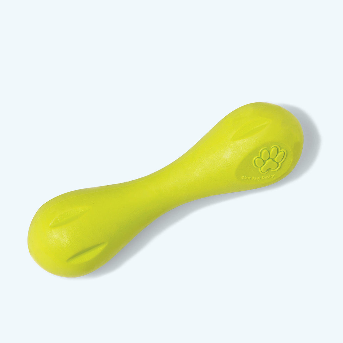 Small Hurley chew bone in granny smith green, angled view on a pale blue background