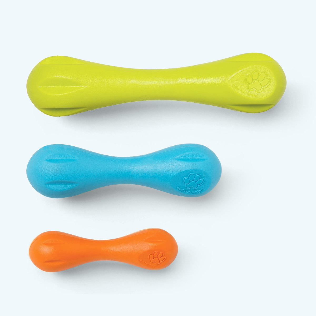 West Paw Hurley dog chew bones in three sizes: Large granny smith green, Small aqua blue, XS tangerine