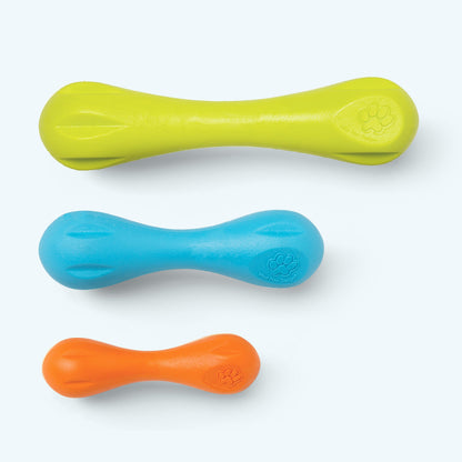 West Paw Hurley dog chew bones in three sizes: Large granny smith green, Small aqua blue, XS tangerine