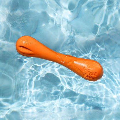 Tangerine Hurley chew bone floating in clear pool water, top view