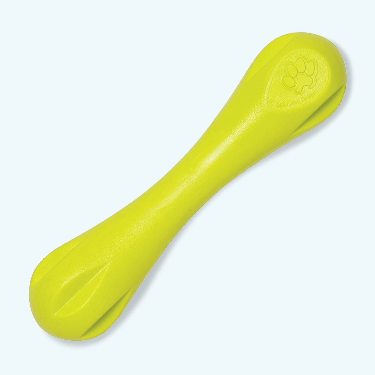 Large Hurley dog bone in granny smith green, laid diagonally, top view