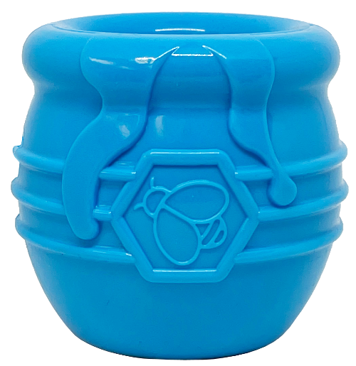 SodaPup Honey Pot Treat Cup in blue, front view showing the embossed bee in a hexagon