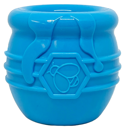 SodaPup Honey Pot Treat Cup in blue, front view showing the embossed bee in a hexagon