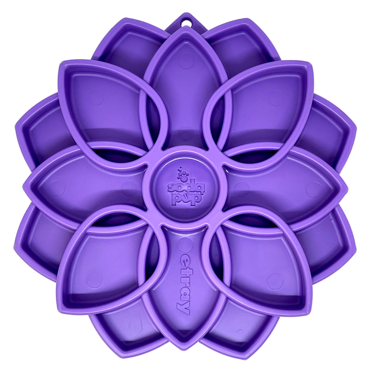 SodaPup Mandala eTray shallow slow feeder in purple, top view of the flower-shaped petal pockets
