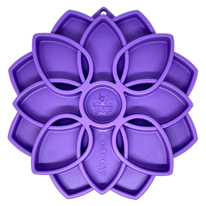SodaPup Mandala eTray shallow slow feeder in purple, top view of the flower-shaped petal pockets