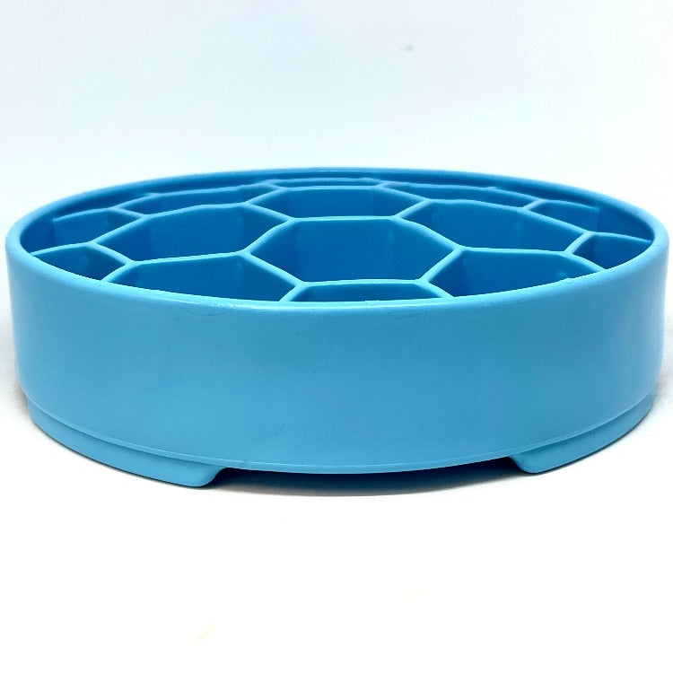 Blue SodaPup Honeycomb eBowl, side view at eye level showing the raised base and ridges