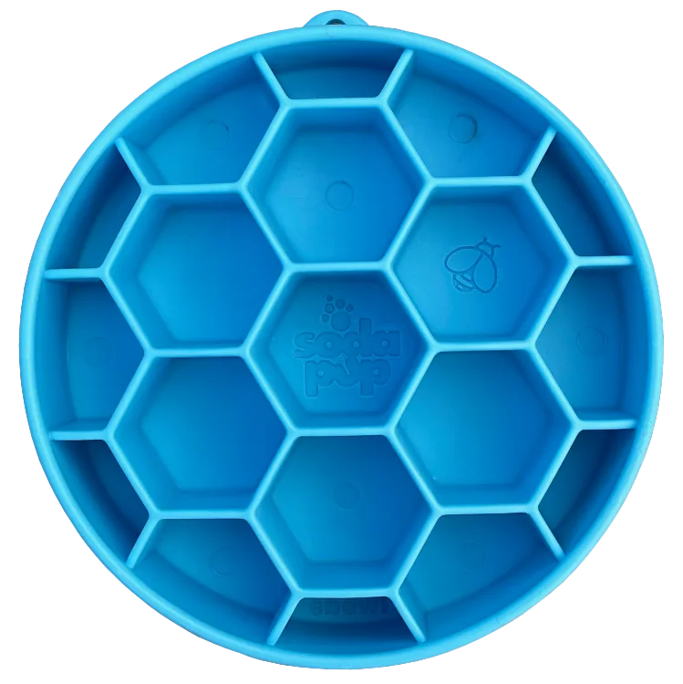 SodaPup Honeycomb eBowl slow feeder in blue, top view showing the honeycomb ridges and hanging tab