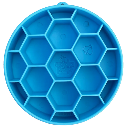 SodaPup Honeycomb eBowl slow feeder in blue, top view showing the honeycomb ridges and hanging tab