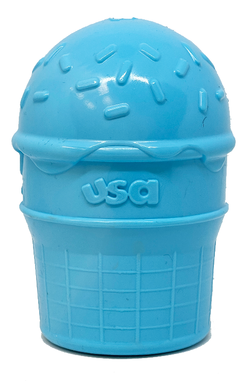 Ice Cream Cone treat dispenser in blue, back view with molded USA lettering above the waffle-cone pattern