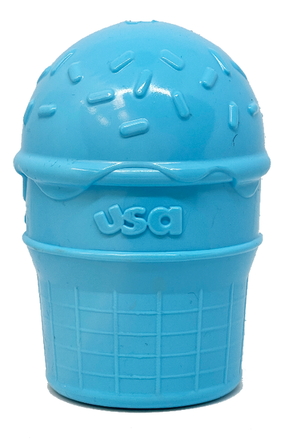 Ice Cream Cone treat dispenser in blue, back view with molded USA lettering above the waffle-cone pattern