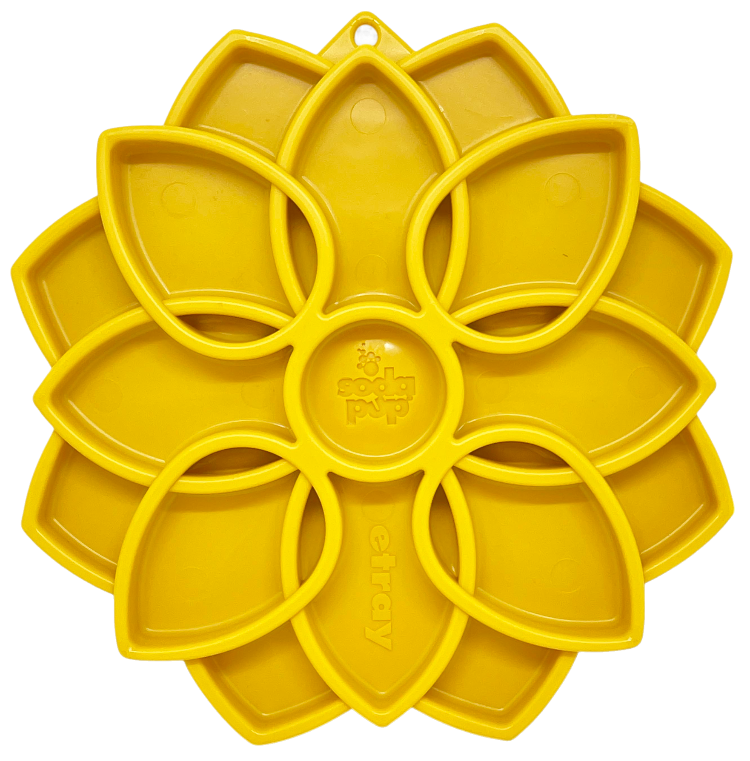 SodaPup Mandala eTray in yellow, top view showing the petal pockets and center well