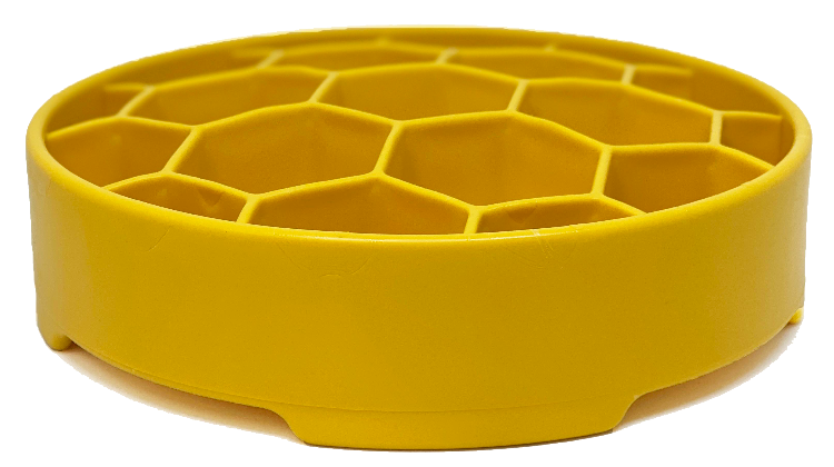 Yellow SodaPup Honeycomb eBowl, side view showing the low wall and ridges just above the rim