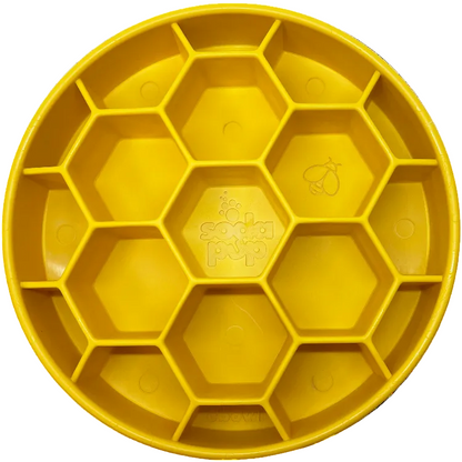 SodaPup Honeycomb eBowl slow feeder in yellow, top view of the round bowl and its hexagon cells