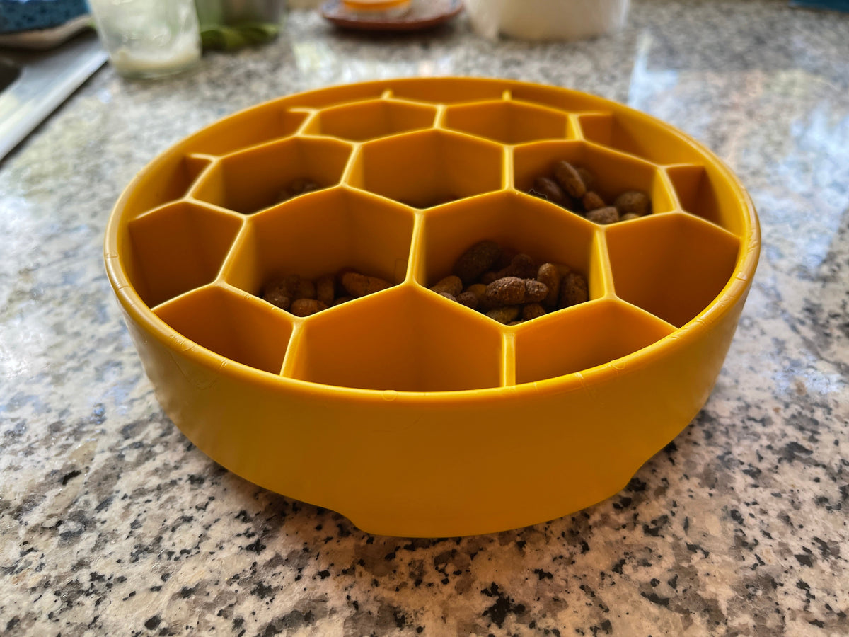 Yellow SodaPup Honeycomb eBowl with kibble in a few cells, angled view on a granite kitchen counter