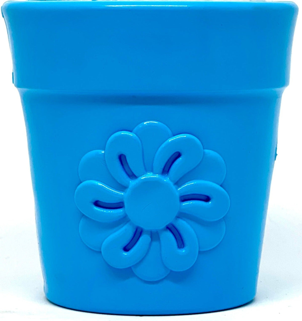 Flower Pot treat cup in blue, close front view of the molded flower on white
