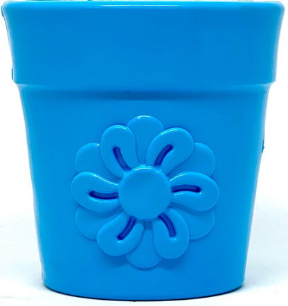 Flower Pot treat cup in blue, close front view of the molded flower on white