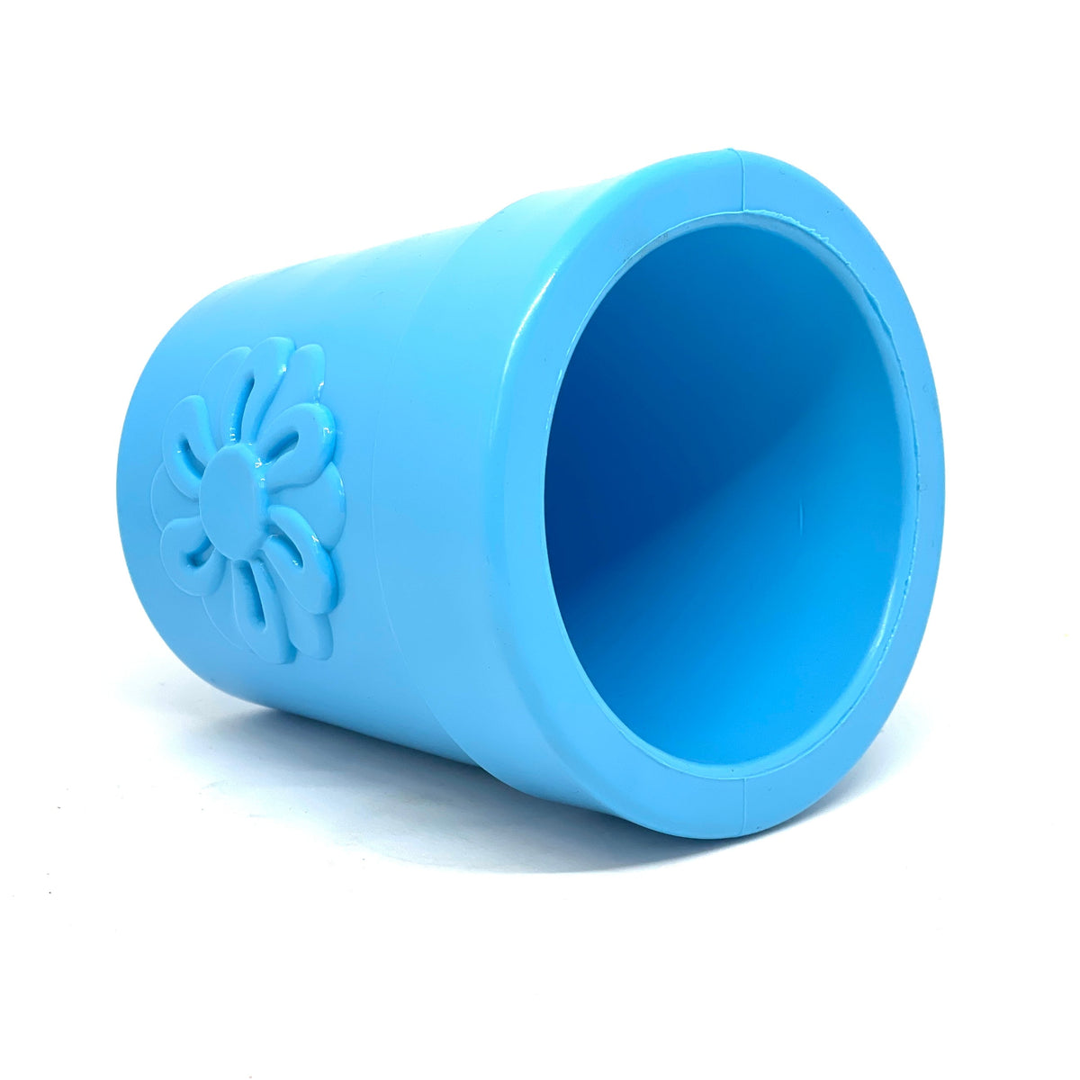 Flower Pot treat cup in blue lying on its side, looking into the open top