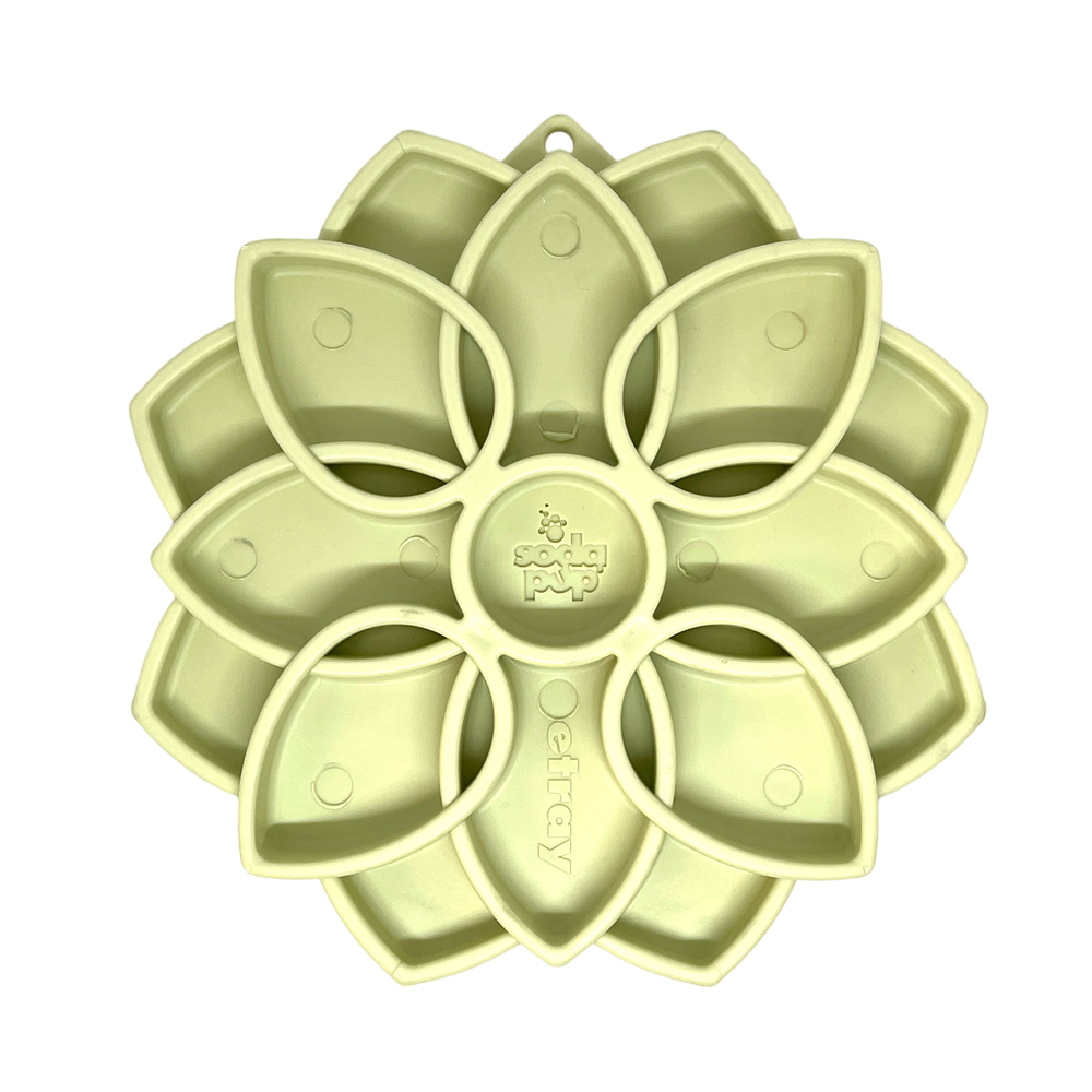 SodaPup Mandala Softie eTray in pastel green, top view of the empty petal-shaped wells