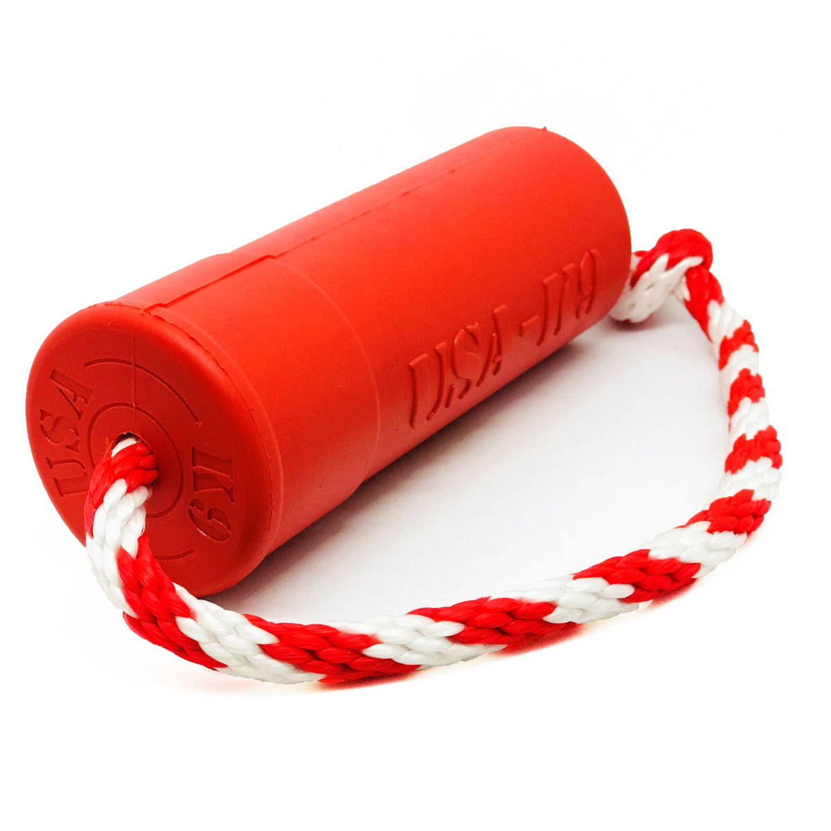 SodaPup USA-K9 Firecracker Floating Dummy on its side, end view showing where the rope passes through