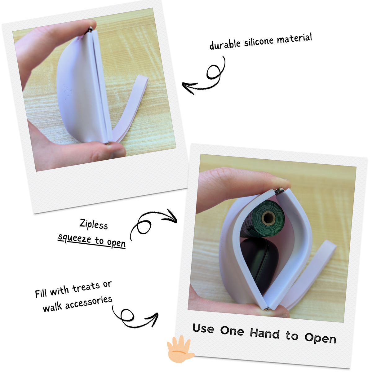 Up Dog One-Hand Treat Pouch in purple squeezed open with one hand, a poop bag roll and earbud case inside