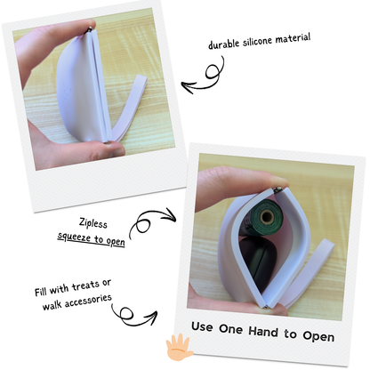 Up Dog One-Hand Treat Pouch in purple squeezed open with one hand, a poop bag roll and earbud case inside