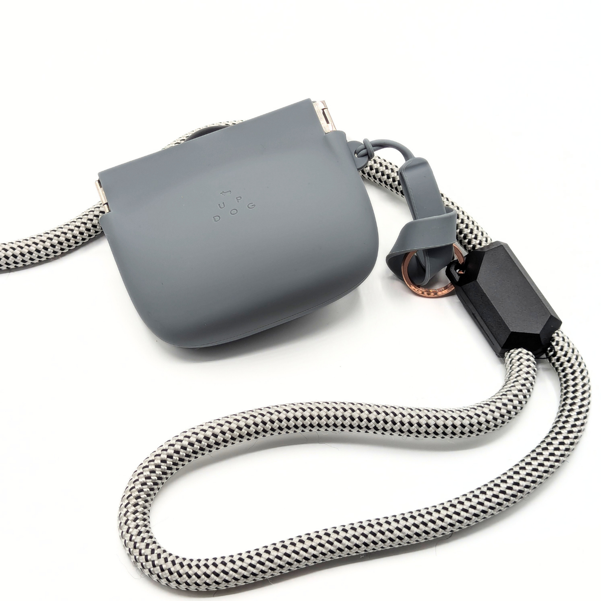 Up Dog One-Hand Treat Pouch in gray looped by its wrist strap onto a gray and white rope leash