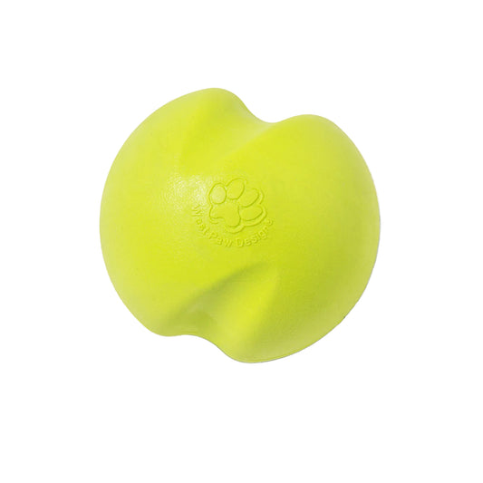 West Paw Jive fetch ball in granny smith green, angled view of the embossed paw print and curved grooves