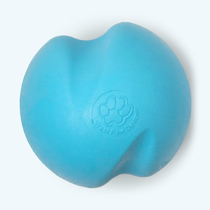 Aqua blue Jive ball, straight-on close-up of the deep curved grooves and paw print