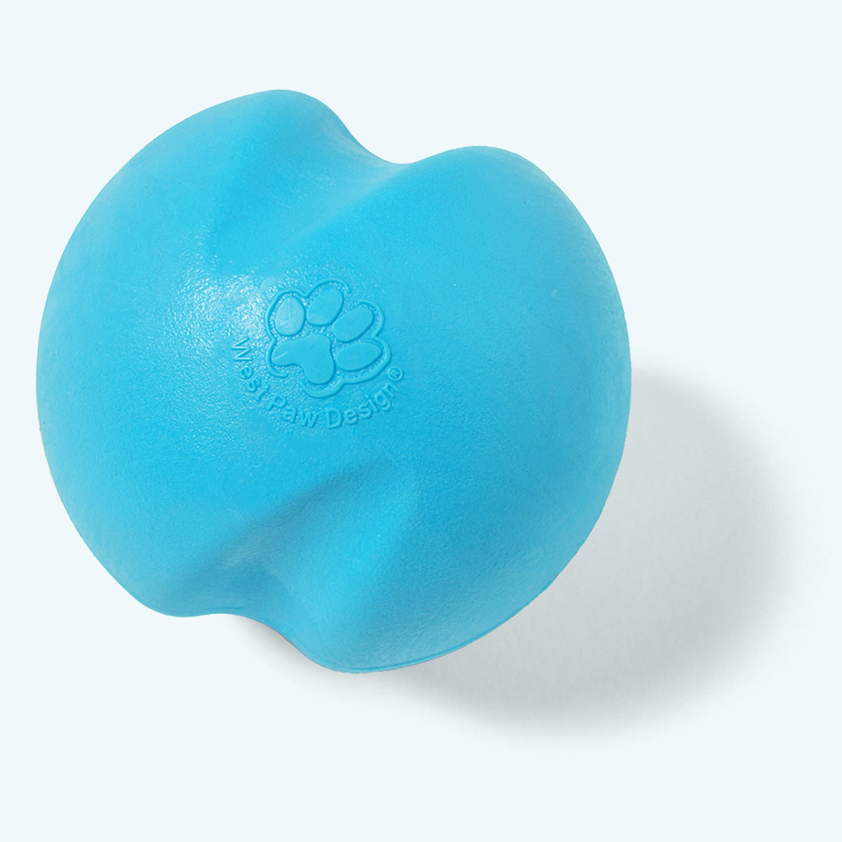 Aqua blue Jive ball, close angled view of the twisting groove across the top