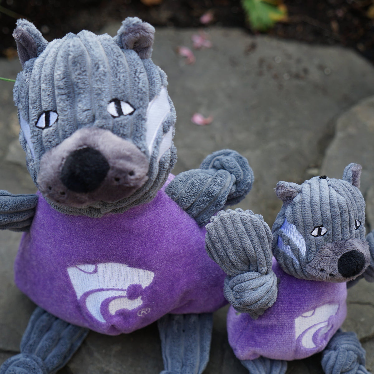 Willie the Wildcat Knottie dog toy in two sizes sitting together on a stone step outdoors