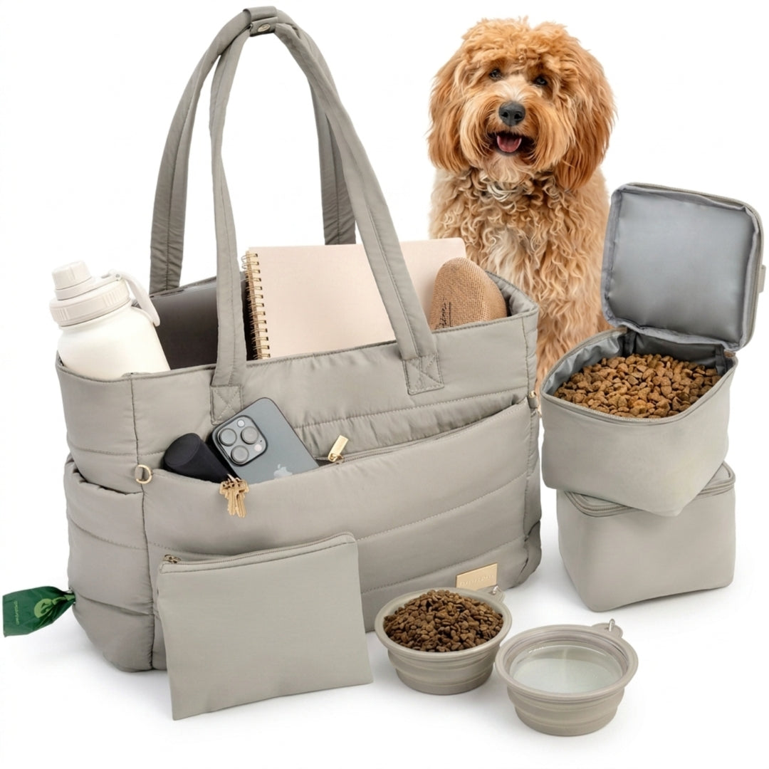 Puffer dog travel tote in khaki, a light taupe gray, with its matching bowls, food containers and treat bag