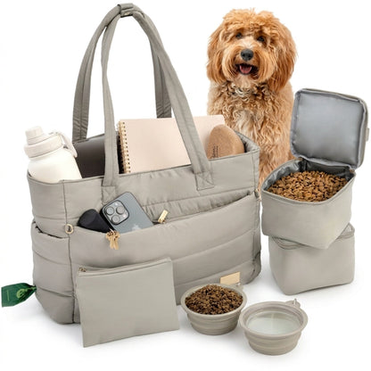 Puffer dog travel tote in khaki, a light taupe gray, with its matching bowls, food containers and treat bag