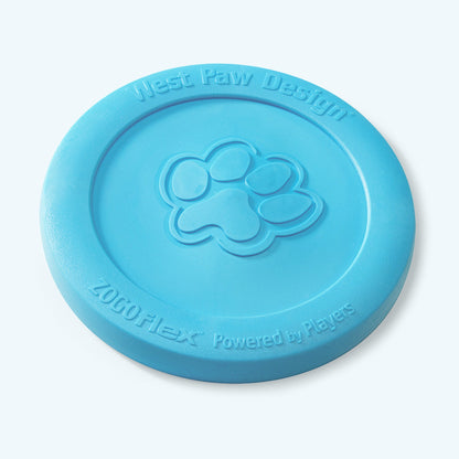 West Paw Zisc flying disc in aqua blue, lying flat at an angle to show the raised outer rim